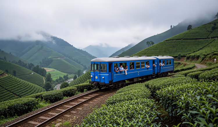 Tren en una ladera entre colinas de té