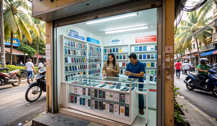 Handyladen mit einer Auslage voller Smartphones
