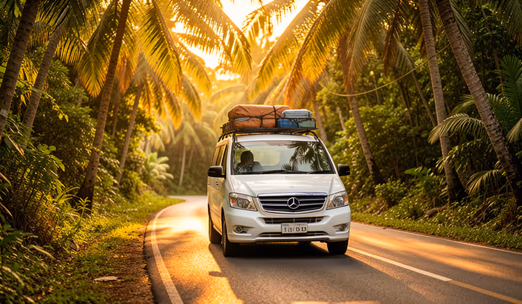 Minivan com motorista numa estrada tropical