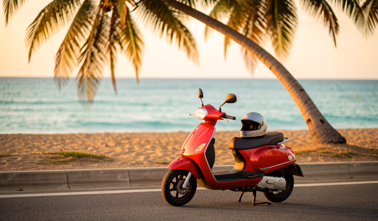 Scooter junto a uma estrada costeira com palmeiras
