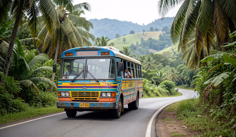 Autocarro numa estrada tropical entre palmeiras