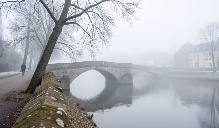 Nebel über dem Fluss an einem Wintermorgen