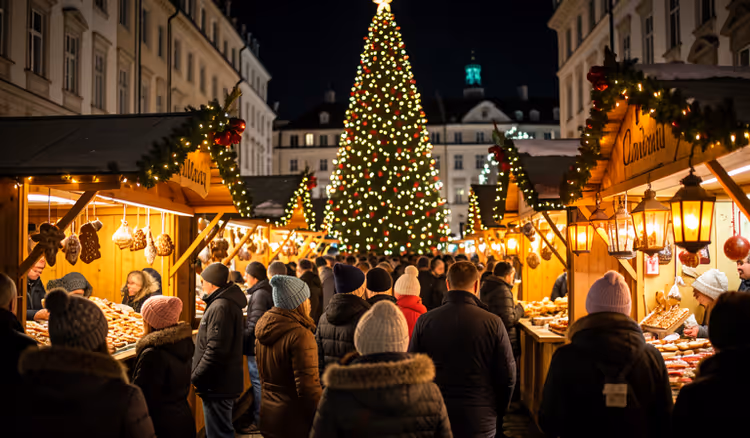 Adventsmarkt mit Lichterketten und Ständen