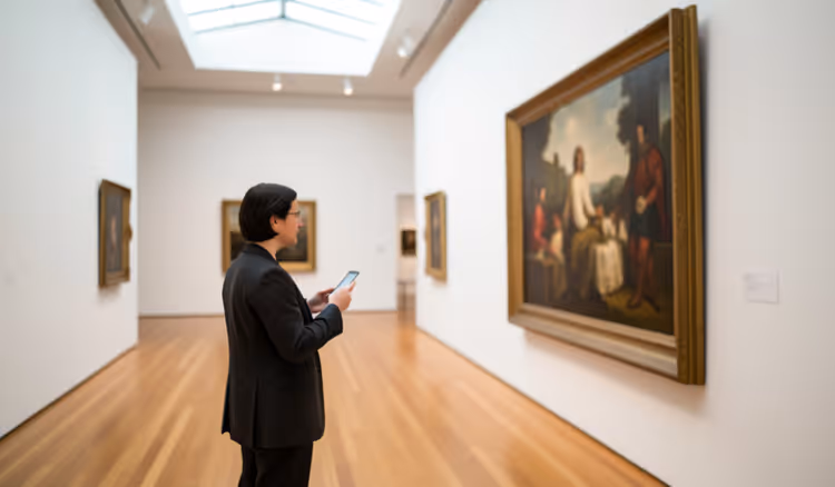 Besucher mit Smartphone in einem Museumssaal