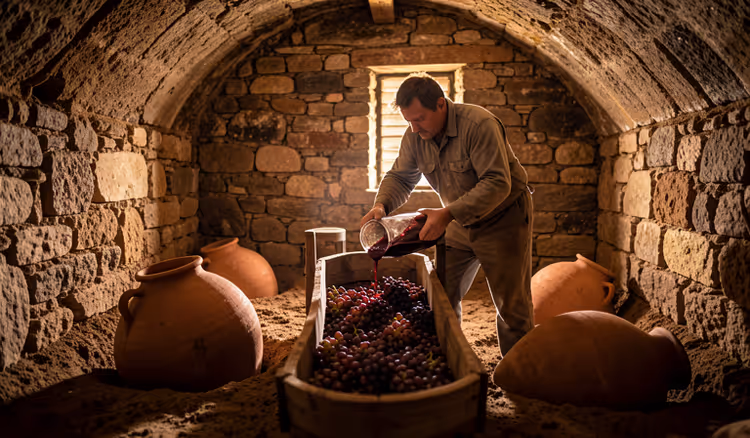 Pigiatura dell'uva in una vecchia cantina