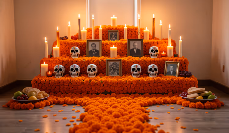 Вівтар із чорнобривцями, свічками та цукровими черепами