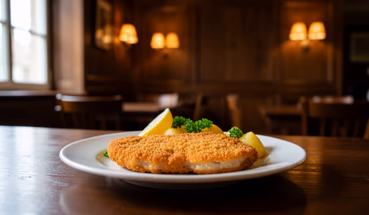 Goldenes Schnitzel mit Zitrone in einem traditionellen Wirtshaus