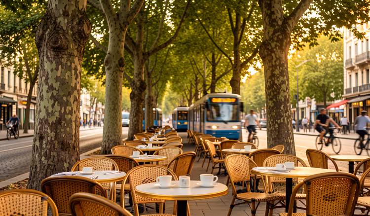 Café en terrasse sous les châtaigniers sur un boulevard ombragé