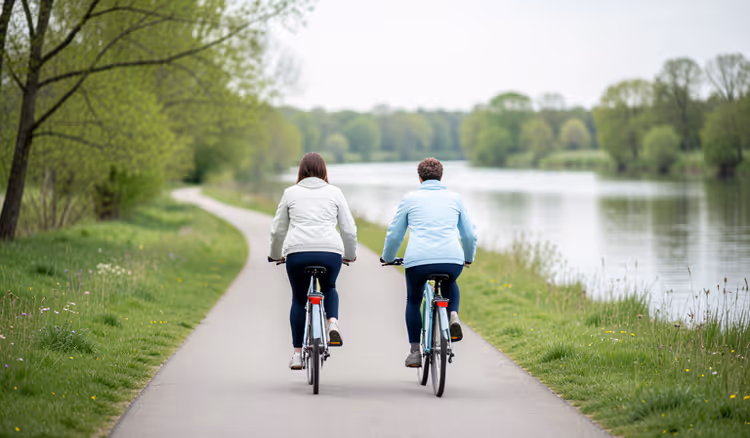 Ciclistas num trilho ribeirinho na primavera