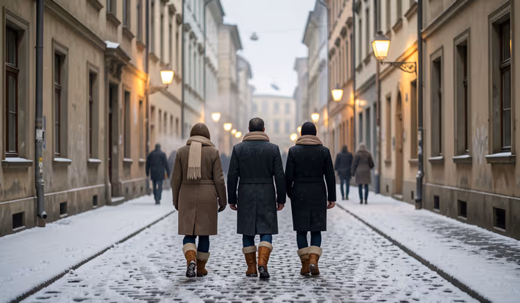 Passanten in warmer Kleidung auf einer verschneiten Straße