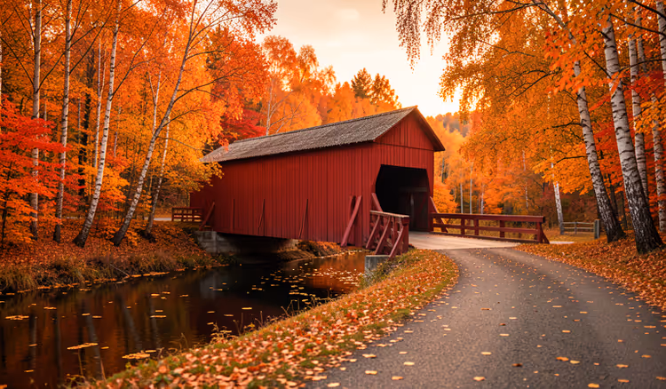 Gedeckte Brücke inmitten herbstlichen Laubs