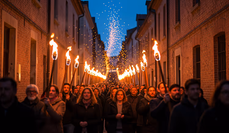 Corteo con fiaccole lungo una strada stretta di notte
