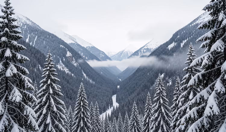 Verschneite Berge und Nadelwald im Winter