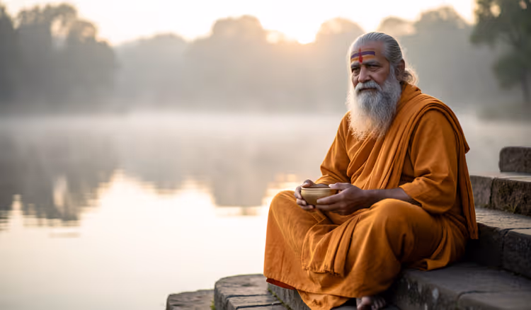 Sadhu in ockerfarbenen Gewändern am See