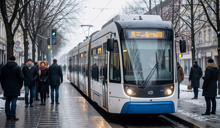 Straßenbahn an einer winterlichen Haltestelle in der Stadt