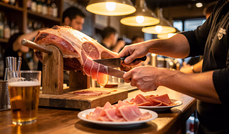 Barista che taglia il jamon a fette sottili