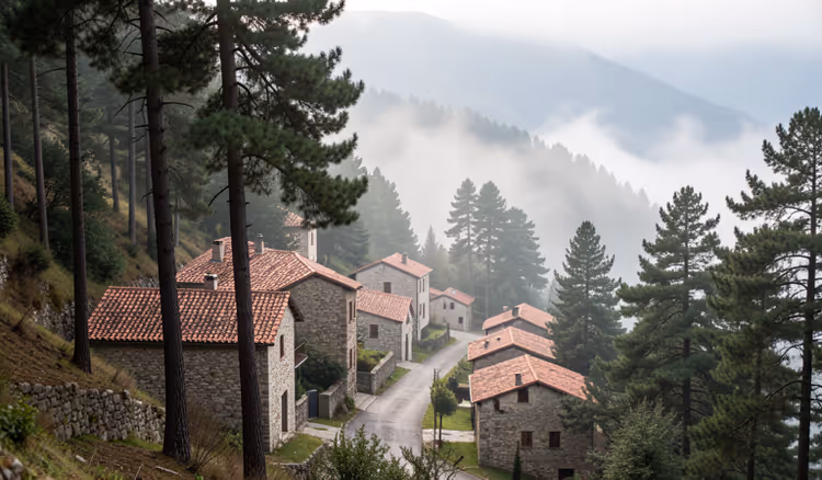 Steindorf zwischen Kiefern an einem Hang