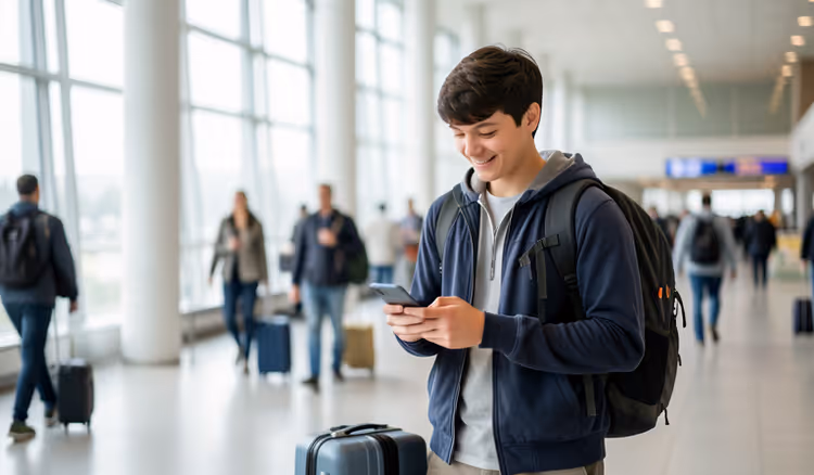 Viaggiatore con smartphone nella sala arrivi