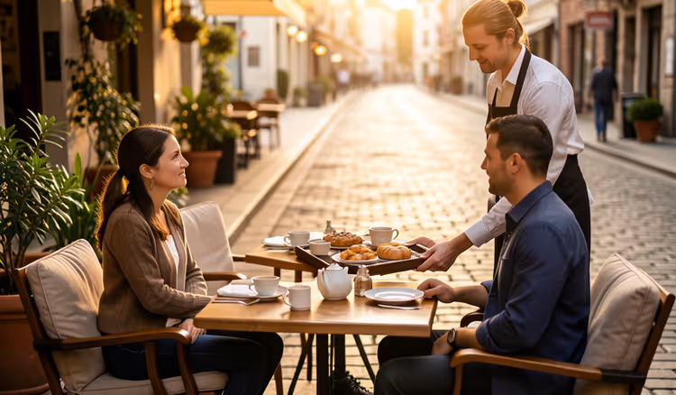 Offene Café-Veranda am Abend