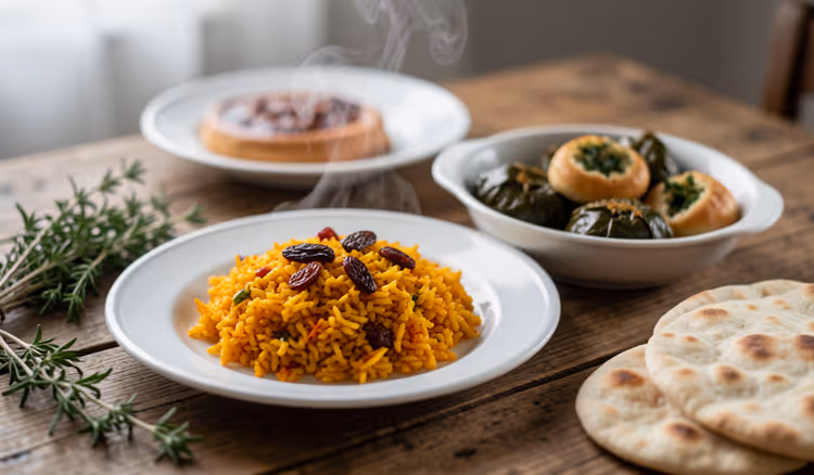 Plov, Dolma und Gebäck auf dem Tisch