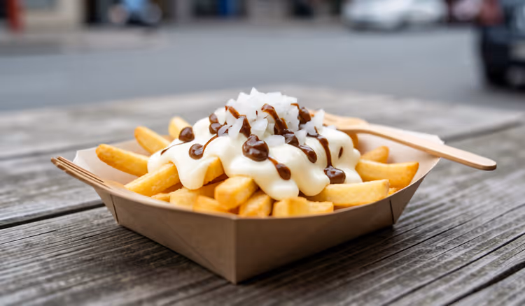 Porsjon pommes frites med majones og løk