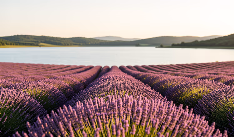 Lavendelfeld in Blüte an einem ruhigen See