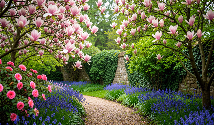 Blühender Frühlingsgarten mit Magnolien