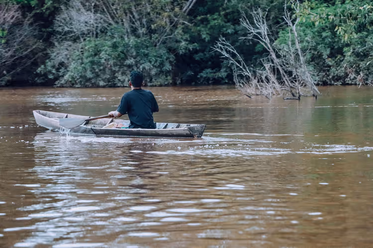 Homme pagayant en barque le long d'une rivière forestière