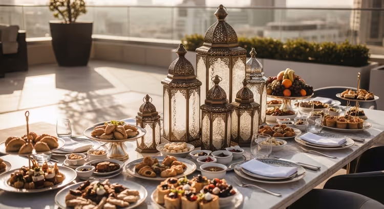 Gedeckter Tisch auf einer Dachterrasse mit verzierten Laternen, Gebäck, Datteln und Obst für das Abendessen, dahinter die Skyline