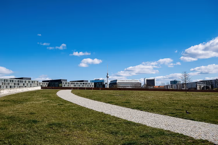 Geschwungener Kopfsteinpflasterweg über eine Wiese in Berlin, am Horizont moderne Bürogebäude und der Fernsehturm
