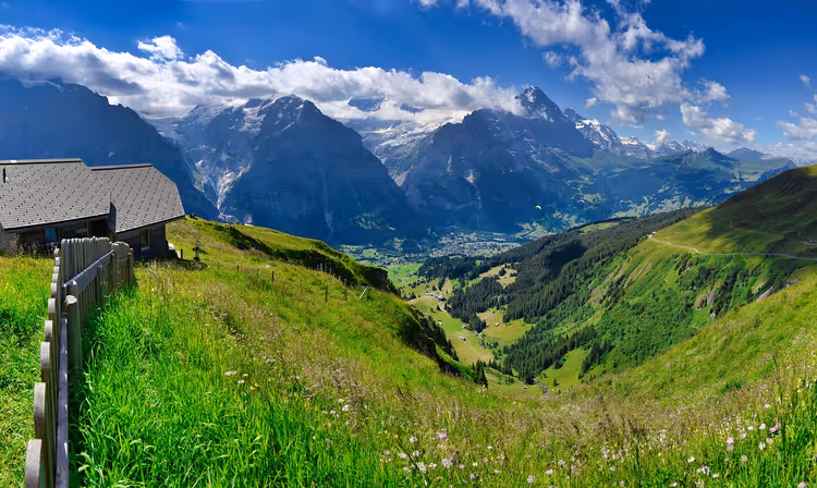 Ahşap bir ev ve karla kaplı Alpler'le Grindelwald vadisi