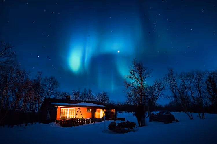 Grüne Polarlichter über einer verschneiten Hütte mit erleuchteten Fenstern und kahlen Bäumen in einer Winternacht