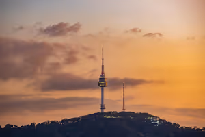 Hoher Fernmeldeturm auf einer bewaldeten Hügelkuppe als Silhouette vor orangefarbenem Abendhimmel mit vereinzelten Wolken