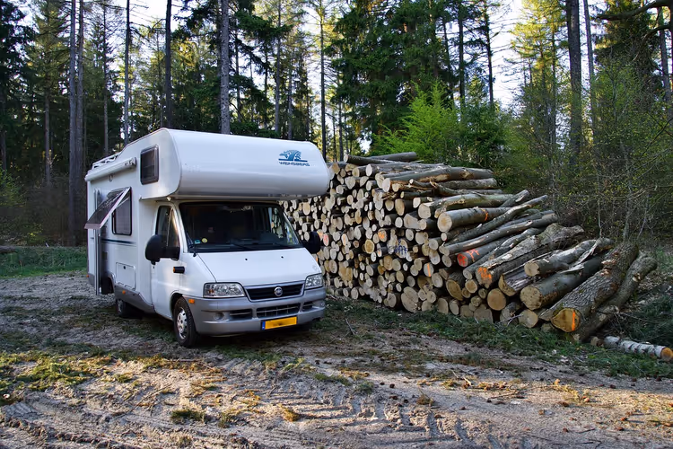 Hvit bobil parkert ved siden av en vedstabel i skogen