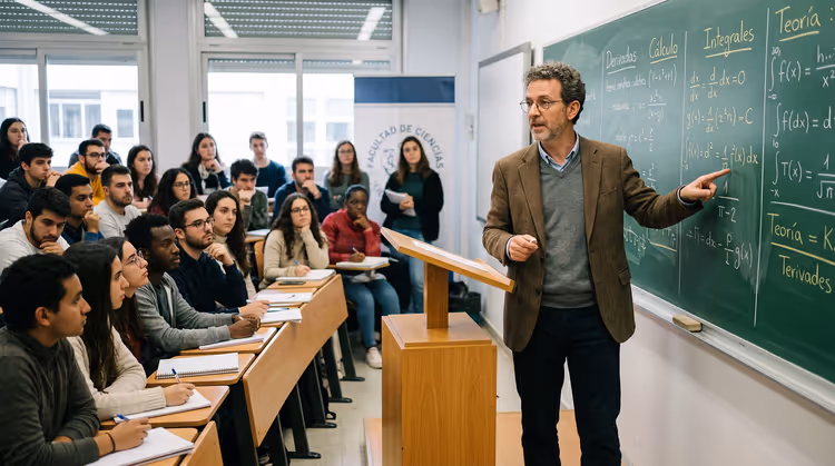 Dozent in brauner Jacke zeigt auf eine grüne Tafel voller Analysis-Formeln vor einem voll besetzten Hörsaal mit Studierenden