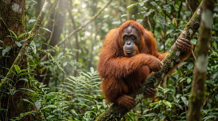 Orang-Utan auf einem Ast im tropischen Regenwald von Sumatra