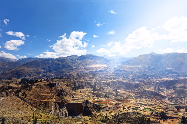 Weites Canyontal mit Terrassenfeldern und braunen Bergrücken unter strahlend blauem Himmel in Peru