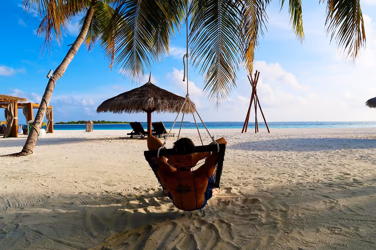 Strand met palmbomen, hangmat en een persoon die ontspant
