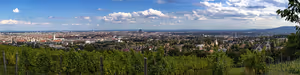 Panorama von Wien, gesehen von Weinbergen am Hang, die Stadt reicht bis zum Horizont unter vereinzelten Wolken