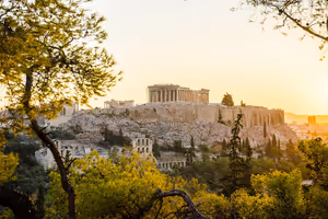 Akropolis von Athen mit dem Parthenon auf dem Felshügel bei Sonnenuntergang, umrahmt von Kiefernzweigen