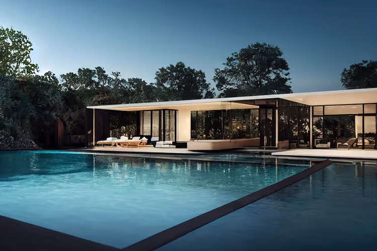 Moderne villa met zwembad en tuin in de schemering