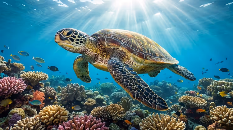 Sea turtle swimming over a coral reef in sunlight