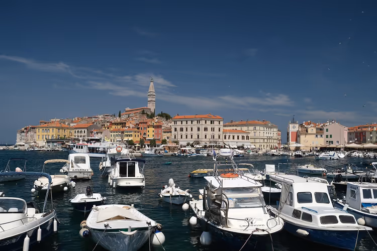 Boote im Hafen von Rovinj mit der Stadt im Hintergrund