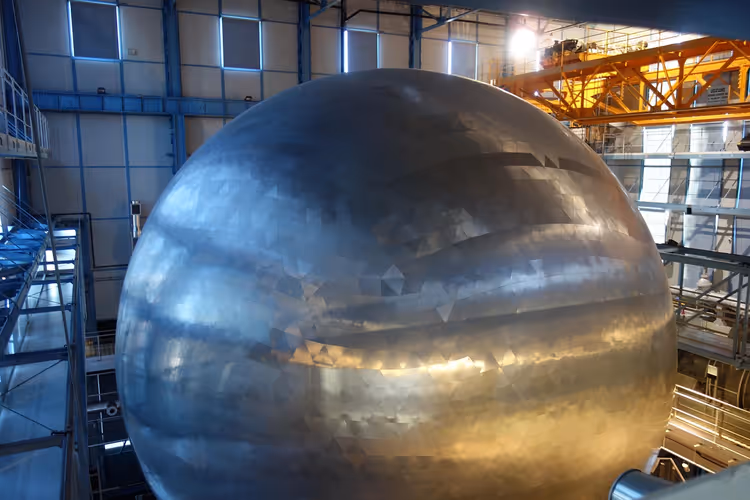 Metalen bol van de planetariumkoepel in de werkplaats