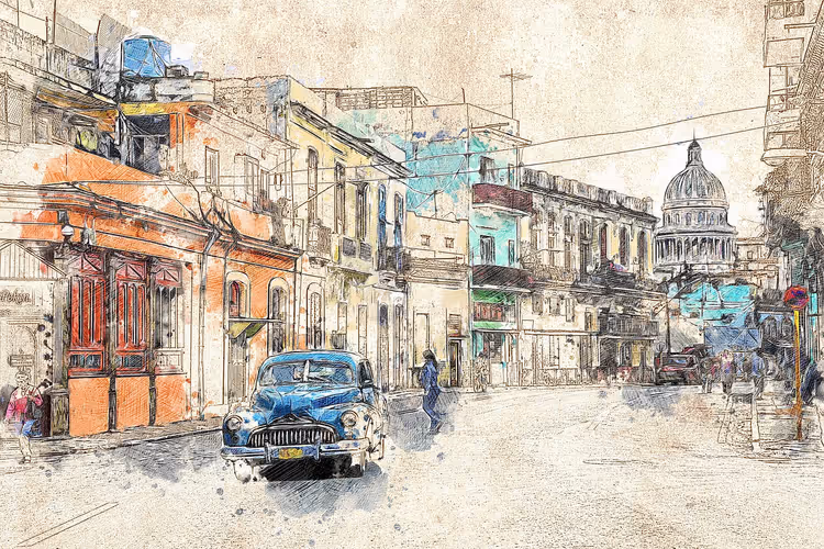 Skizze im Aquarellstil einer Straße in Havanna mit blauem Oldtimer, pastellfarbenen Fassaden und der Kuppel des Kapitols