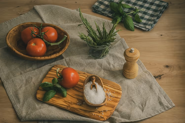 Tomater, rosmarin, basilikum og salt på et bord