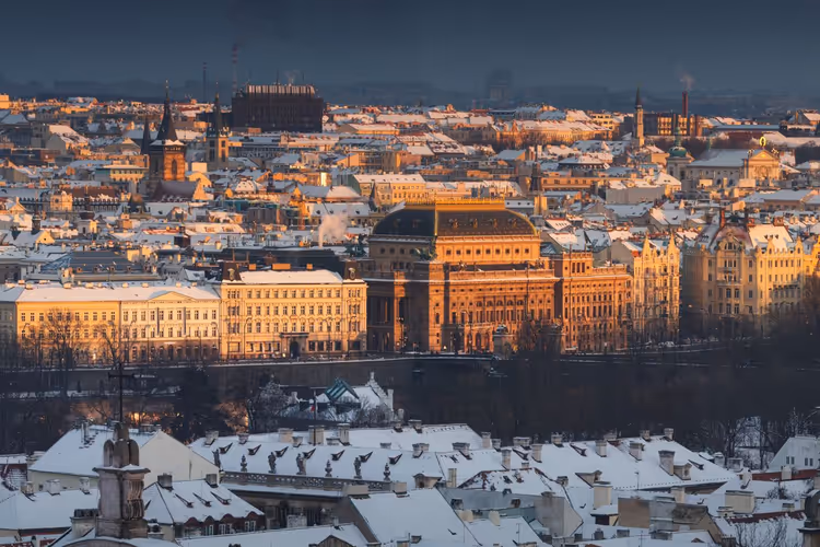 Panorama of Prague in winter at dawn