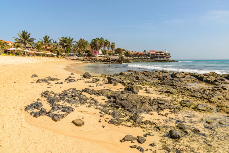 plage avec rochers et hôtels parmi les palmiers