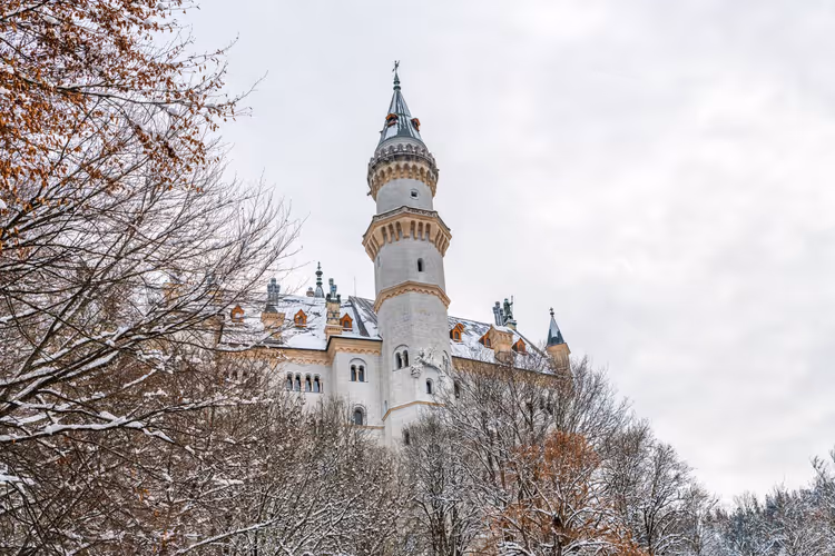 Toren van Slot Neuschwanstein in de winter tussen de bomen