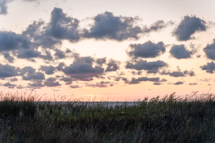 Sonnenuntergang über dem Meer durch Wolken und Strandgras